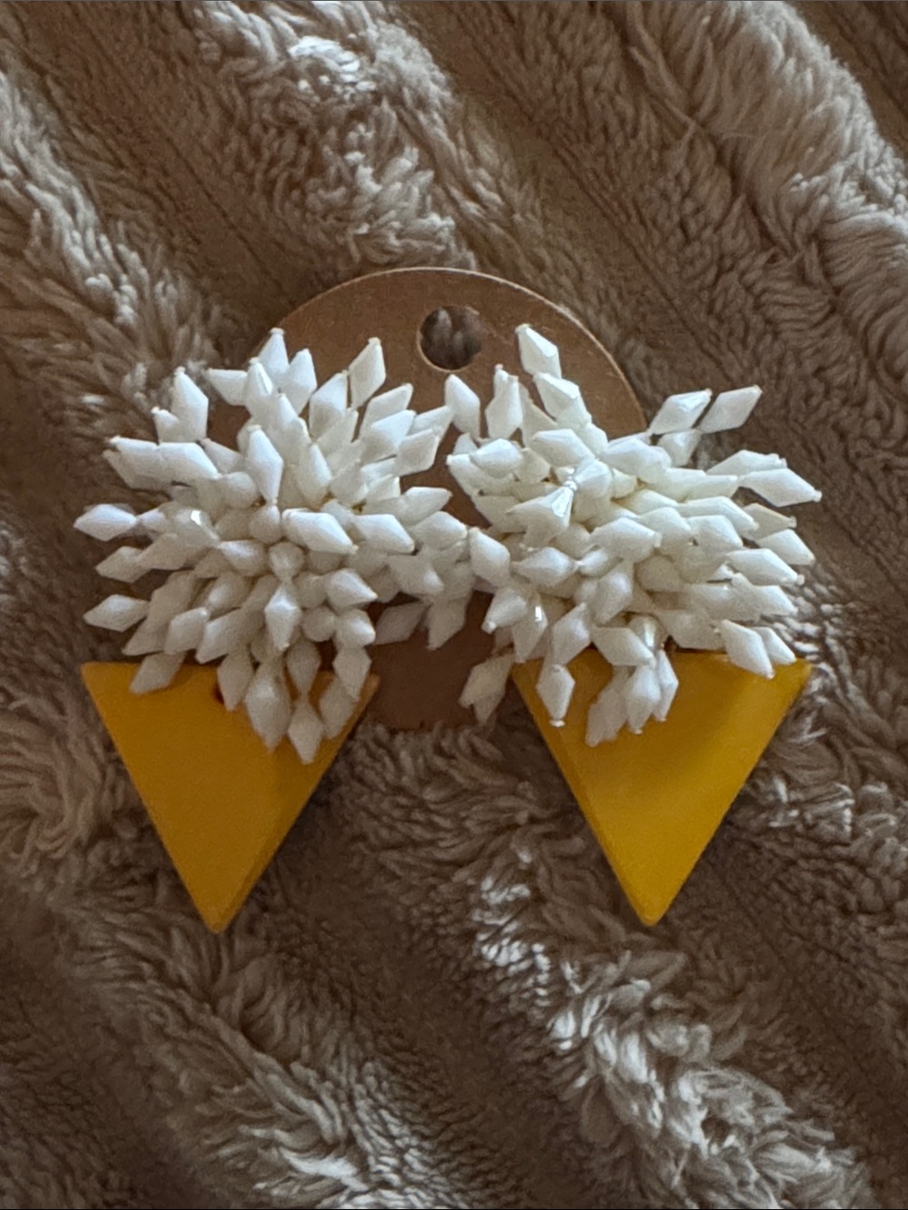 White Beaded Sunburst Earrings with Yellow Triangle Drops